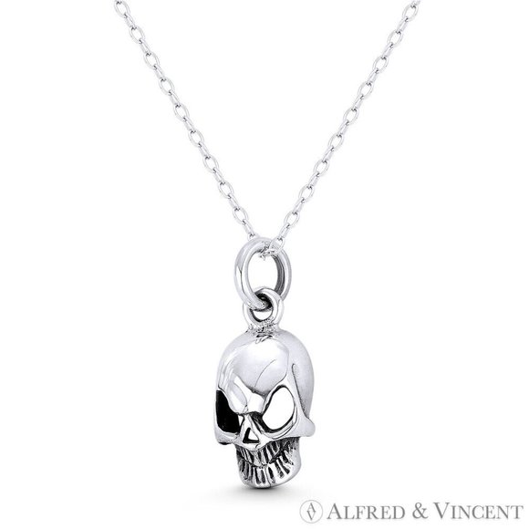 Skull / Skeleton Head Dia De Los Muertos Charm in Oxidized .925 Sterling Silver - Picture 1 of 1